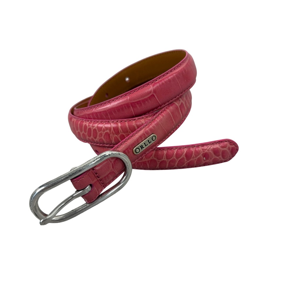Lauren Ralph Lauren Belt Womens Large Pink Croco Embossed Leather Skinny Silver